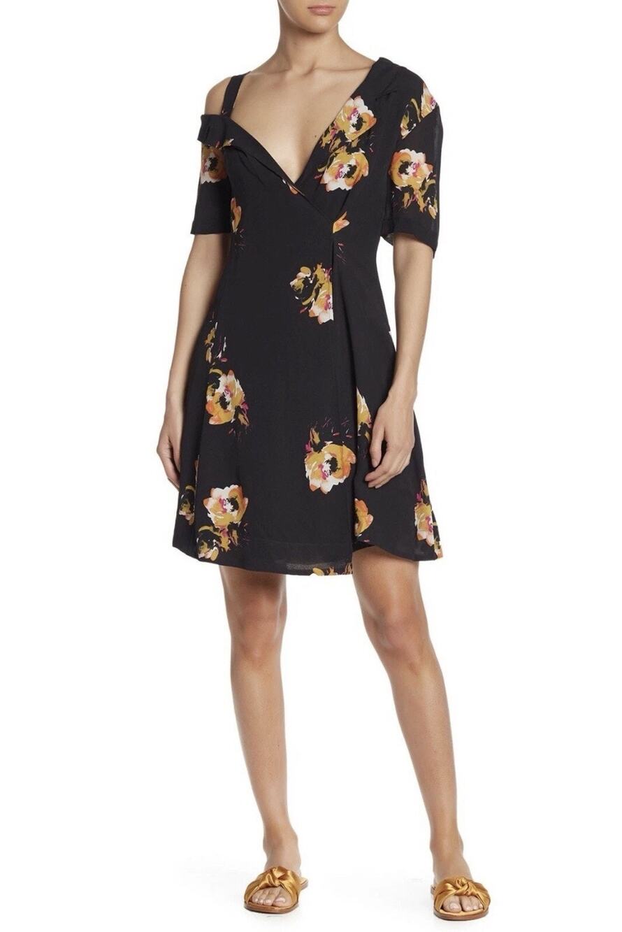 A.L.C. Black Lucia Floral Print Silk Mini Dress 2 Cold Shoulder Wrap Lined $495